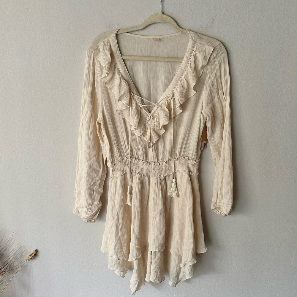 Surf Gypsy Cream Ruffled V-Neck Long Sleeve Dress